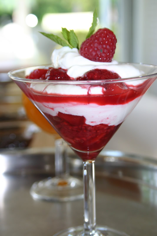 yoghurt geserveerd in glas en vers fruit
